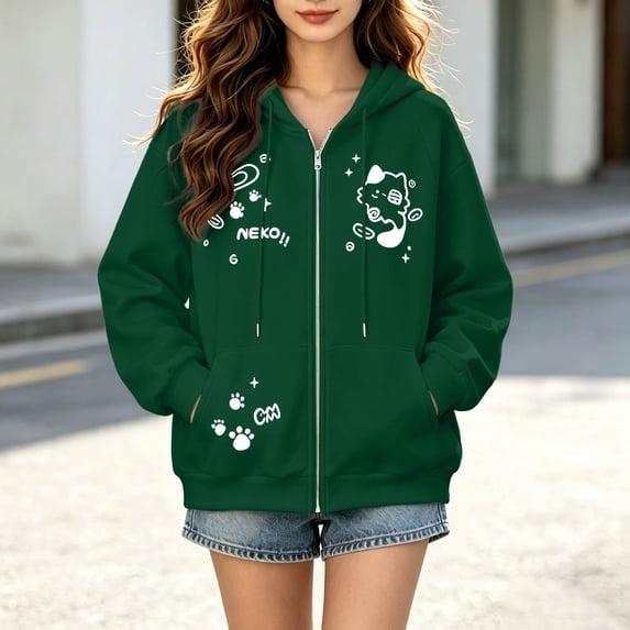 Womens Graphic Zip Up Hoodie Cutecore Harajuku Cat Graphic Long Sleeve Hooded Jacket Streetwear Sweatshirt Top Fall Spring Outfits Green XL