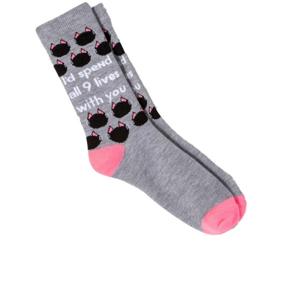 Womens Gray 9 Lives With You Kitty Cat Kitten Valentines Day Crew Socks 4-10