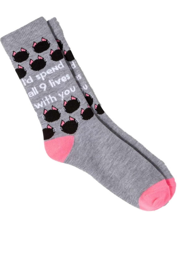 Womens Gray 9 Lives With You Kitty Cat Kitten Valentines Day Crew Socks 4-10