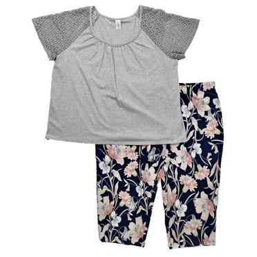 Womens Gray Black Carnation Flower Pajamas Lace Trimmed Capri Sleep Set