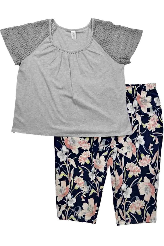 Womens Gray Black Carnation Flower Pajamas Lace Trimmed Capri Sleep Set