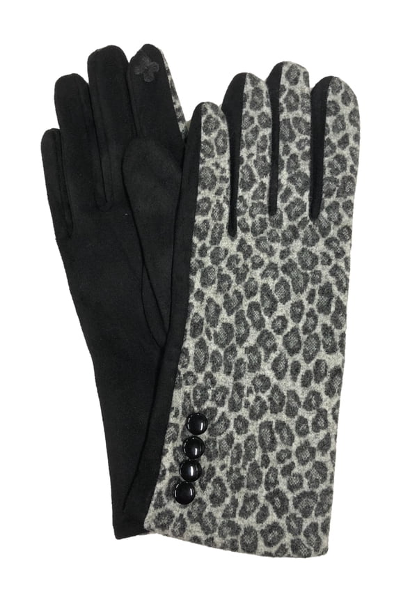 Womens Gray & Black Leopard Print Stretch Fit Text & Tech Touchscreen Gloves