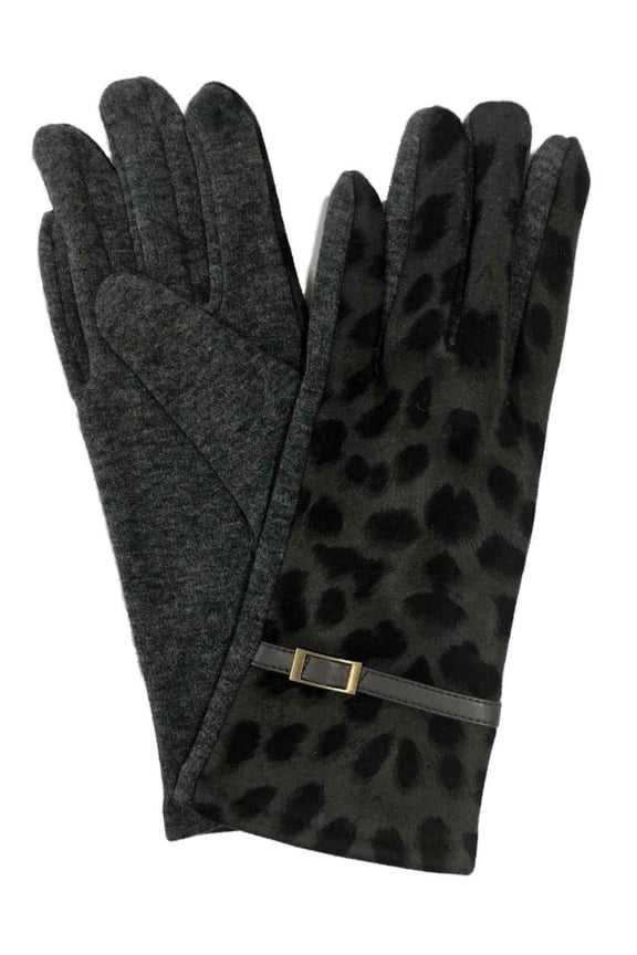 Womens Gray & Black Leopard Print Stretch Fit Texting & Tech Touchscreen Gloves
