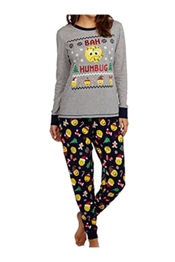 Womens Gray & Blue Emoji Holiday Pajamas Bah Humbug Christmas Sleep Set X-Large