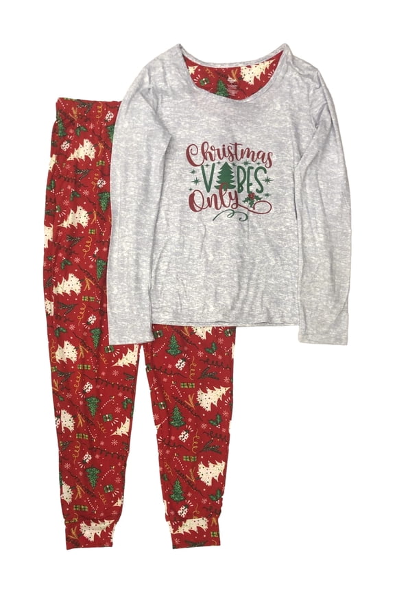 Womens Gray Christmas Vibes Only Holiday Pajamas Soft Knit Sleep Set Small