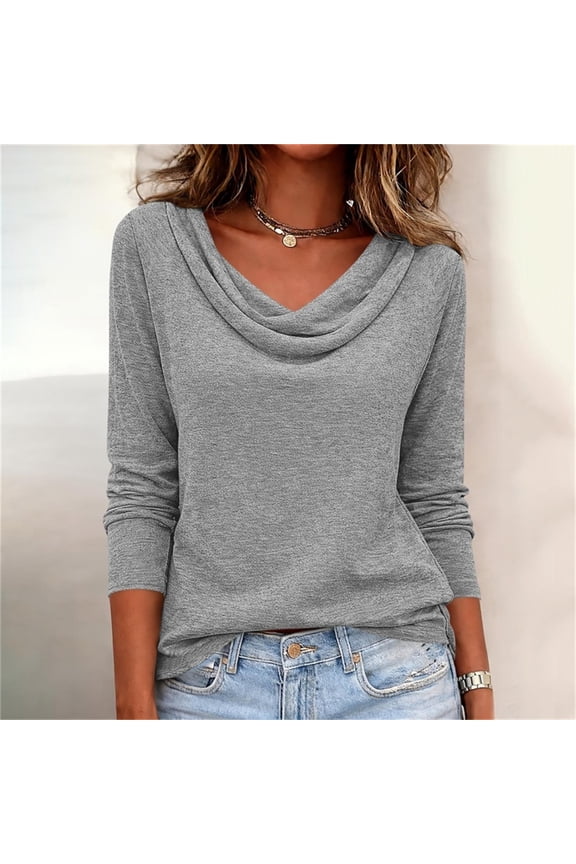 Womens Gray Cowl Neck Pullover Top Long Sleeve Relaxed Fit Soft Knit Casual Blouse,Size L
