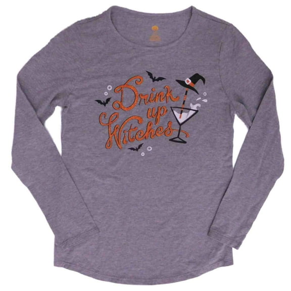 Womens Gray Drink Up Witches T-Shirt Long Sleeve Halloween Glitter Tee Small