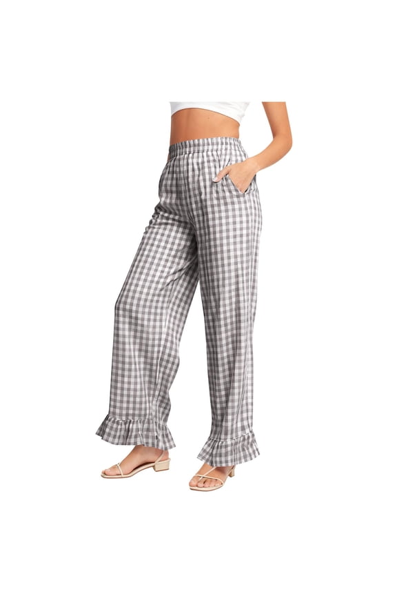 Womens Gray Gingham Wide Leg Pants with Elastic Waistband, Side Pockets and Ruffle Cuff - Casual Trousers for Lounge & Everyday Wear,Size S
