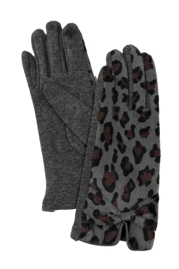 Womens Gray Leopard Print Faux Fur Stretch Fit Text & Tech Touchscreen Gloves