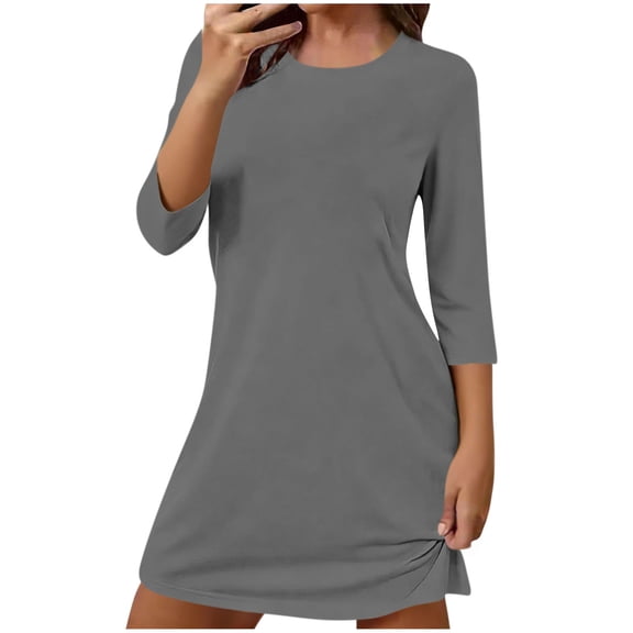 Womens Gray Nightgown Soft Stretchy Sleep Shirt 3/4 Sleeve Crew Neck Lounge Dress for Home Comfy Midi Sleepwear Easy Care,Size M
