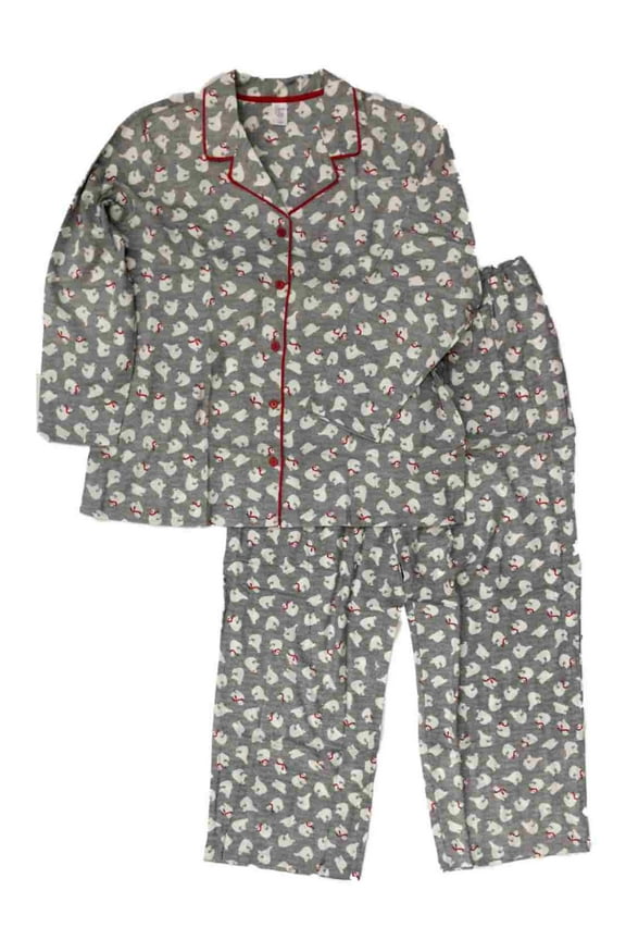 Womens Gray Polar Bear Print Flannel Pajamas Sleep Set 3X