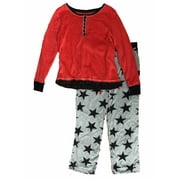 Womens Gray & Red Pajamas Black Stars Fleece Snap Button Top Sleep Set Medium