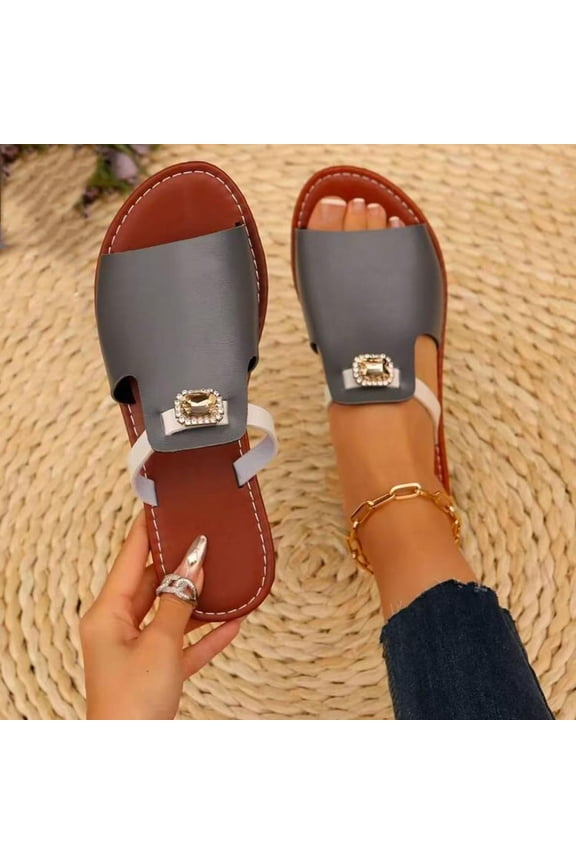 Womens Gray Rhinestone Slide Sandals - Flat PU Faux Leather Summer Sandals with Elastic Back Strap & Cushioned Footbed,Size 43
