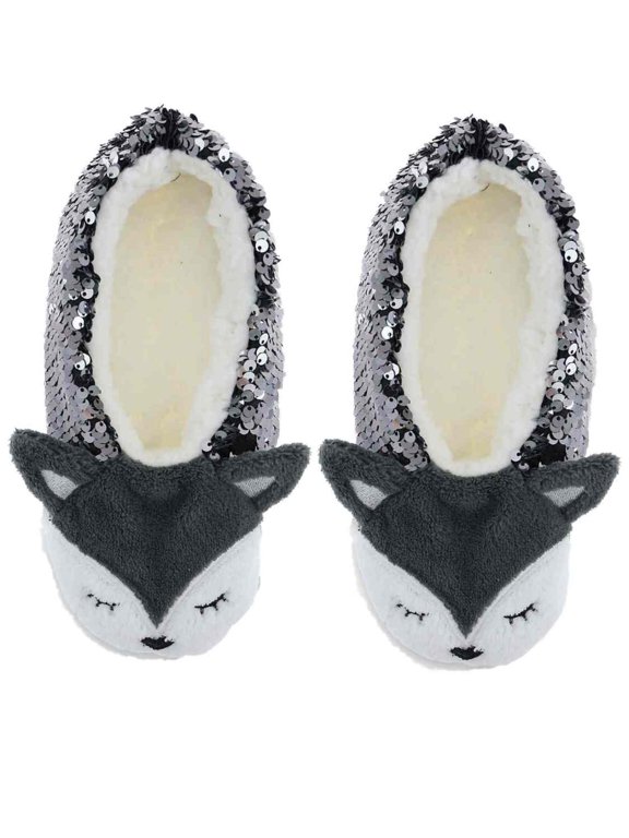 Womens Gray Sequin Fox Ballet Slippers Plush Sherpa House Shoes S/M 5-7