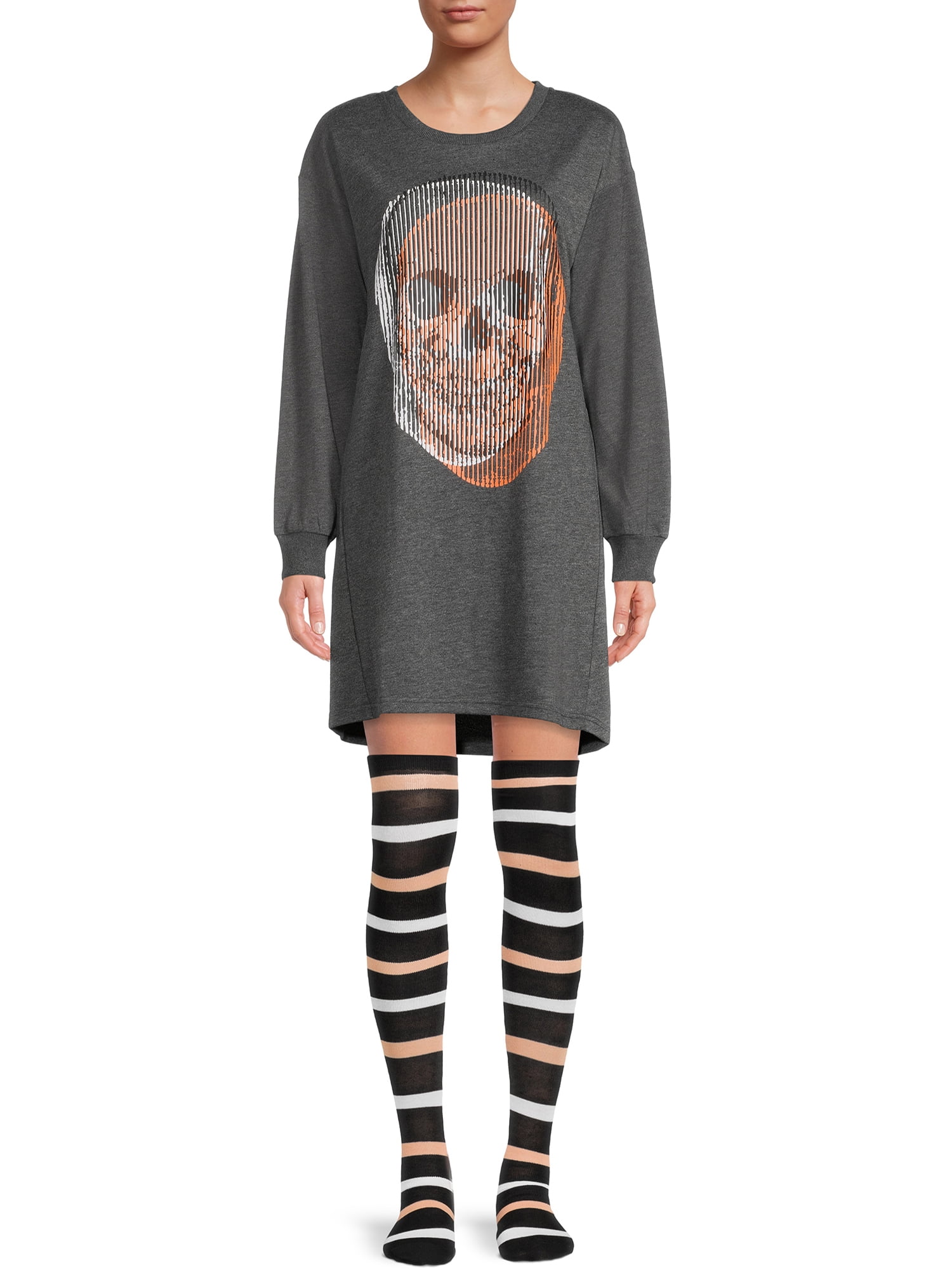 Womens Gray Skull Halloween Nightgown Sleepshirt & Socks Set Sleep Shirt Medium