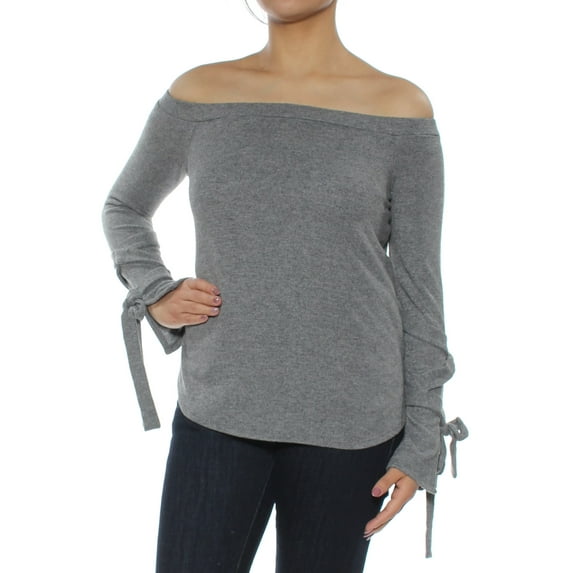 Womens Gray Tie Cuff Long Sleeve Off Shoulder Wear To Work Top Size: L