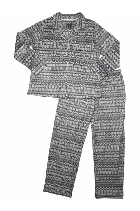 Womens Gray White Nordic Tribal Snowflake Fleece Pajamas Notched Sleep Set