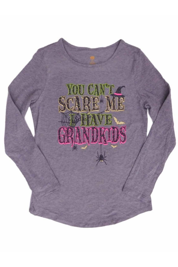 Womens Gray You Can't Scare Me I Have Grandkids Shirt Halloween Glitter Tee Small