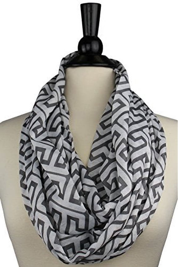Women's Infinity Scarf with Hidden Zipper Pocket & Pattern Print Greek Key (Grey)