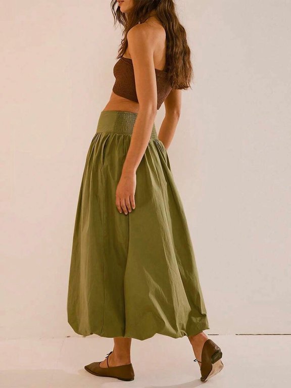 Womens Green Ankle-Length Loose Flowing Puffball Skirt With Smocked Waistband Casual Summer Spring