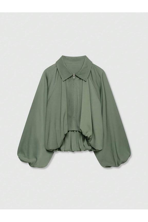 Womens Green Casual Zip-Up Bomber Jacket With Long Bell Sleeves And Collar
