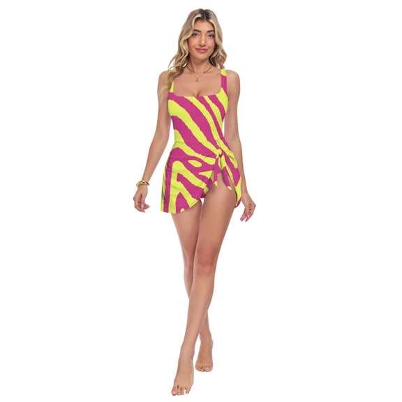 Womens Green Dark Pink Zebra Pattern Print 2-in-1 Swim Dress Detachable Skirt One-Piece Swimsuit Square Neck S-XXL