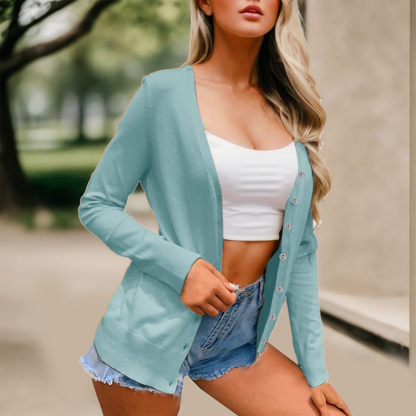 Womens Green Fleece Knitted Cardigan Crew Neck Soft Sweatshirt