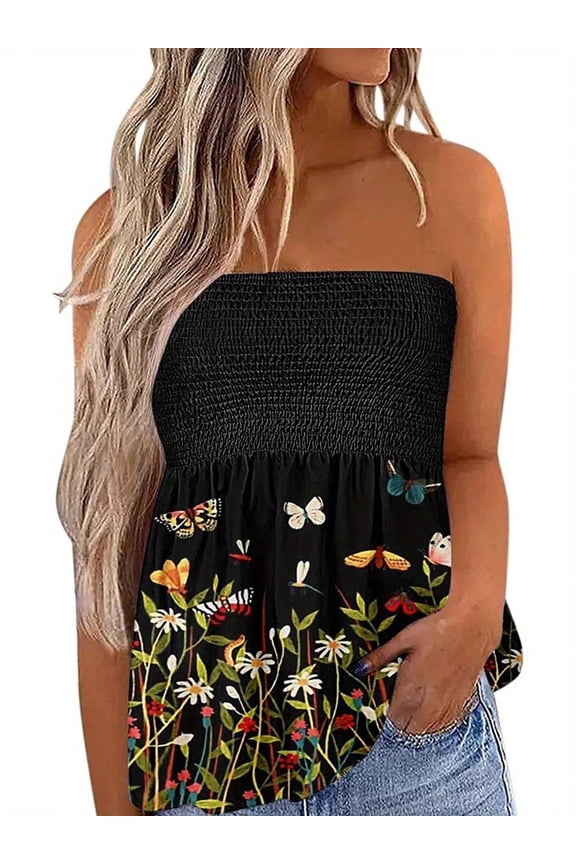 Womens Green Grass Floral Butterfly Print Strapless Tube Top With Smocked Bust And Flowy Hem