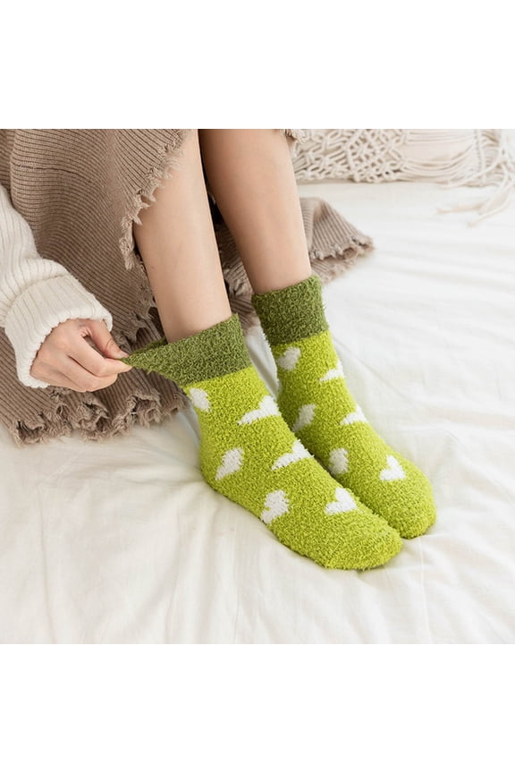 Womens Green Heart Print Fuzzy Socks - Ultra Soft Plush Lounge Socks, One Size Fits Most, Gift for Her,Size Free Size