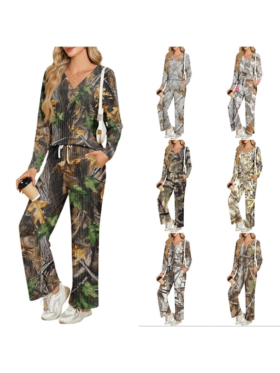 Womens Green Leaf Camo Ribbed Knit Lounge Set 2 Piece Long Sleeve V Neck Button Detail Top and Drawstring Wide Leg Pants with Side Pockets Casual Athleisure Set