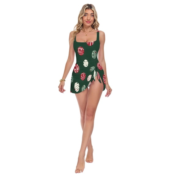 Womens Green Line Polka Dot Pattern Print 2-in-1 Swim Dress Detachable Skirt One-Piece Swimsuit Square Neck S-XXL