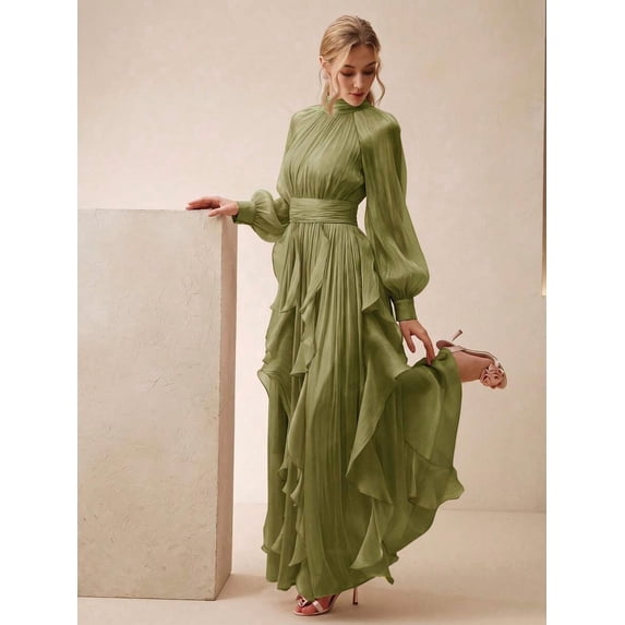 Womens Green Long Sleeve Pleated Ruched Waist Maxi Dress With Ruffle Hem