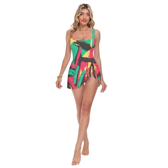 Womens Green Pink Graffiti Geometric Pattern Print 2-in-1 Swim Dress Detachable Skirt One-Piece Swimsuit Square Neck S-XXL