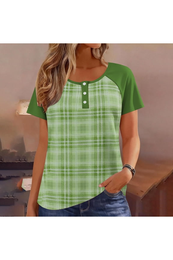 Womens Green Plaid Henley Top Short Sleeve Plus Size Casual Shirt Relaxed Fit 3-Button Placket Raglan Sleeve Soft Stretch Polyester Spandex L-5XL,Size 3XL