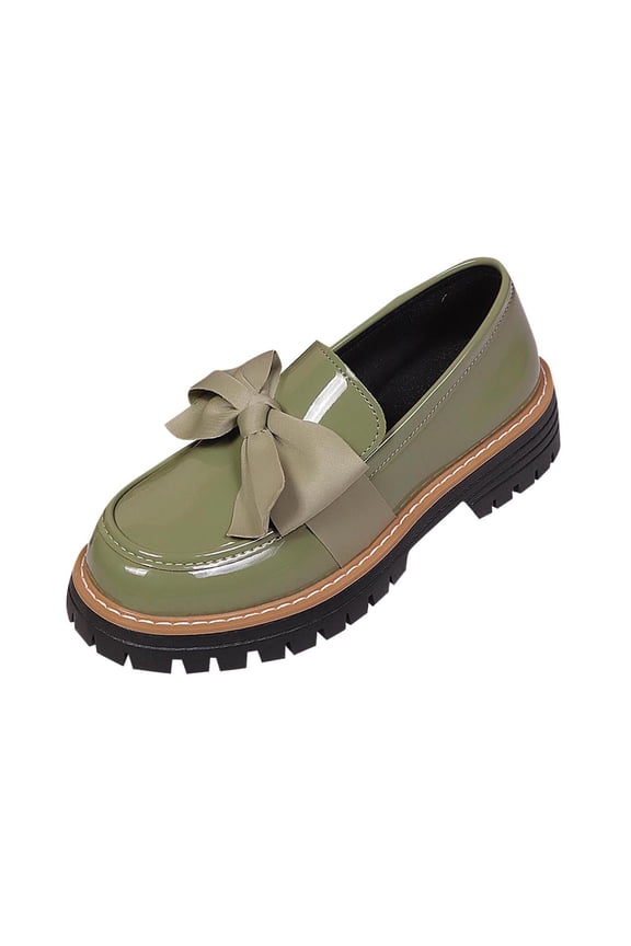 Womens Green Platform Loafers Chunky Sole Slip On Vegan Faux Leather Shoes with Bow Detail Casual Comfort,Size 5.5