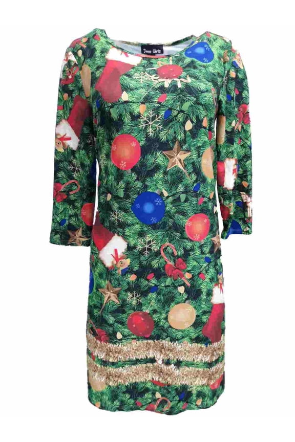 Womens Green & Red Holiday Ornament Dress Christmas Tree Skater Dress
