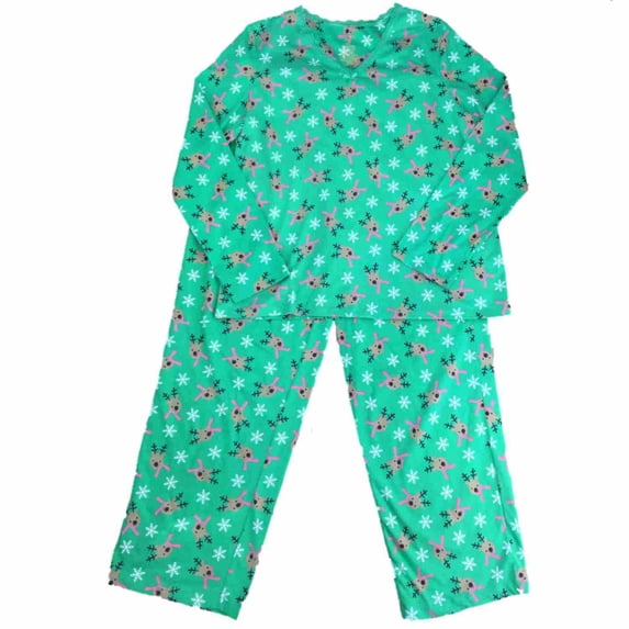 Womens Green Reindeer & Snowflake Pajamas Christmas Holiday Sleep Set Medium