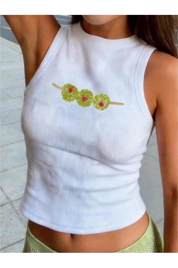 Womens Green Ribbed Sleeveless Crop Tank Top With Beaded Circular Embroidery Crew Neck Racerback Cami Slim Fit Casual Summer Top