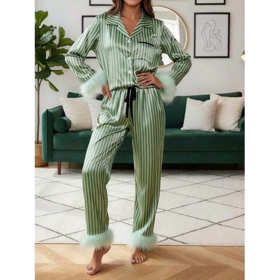 Womens Green Satin Stripe Pajama Set Long Sleeve Lapel Top Pants With Fur