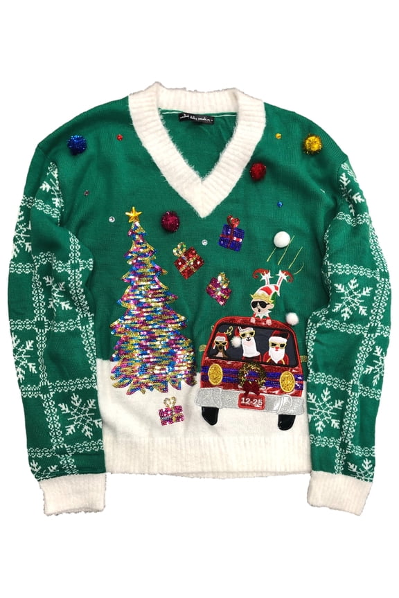 Womens Green Sequin Elf Llama Santa Elf Dog Christmas Holiday Sweater 1X