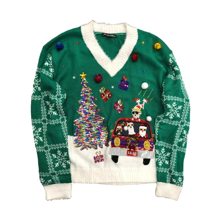 Womens Green Sequin Elf Llama Santa Elf Dog Christmas Holiday