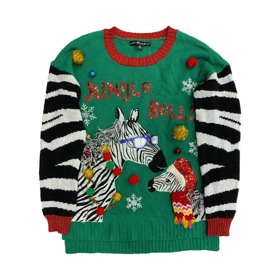 Womens Green Sequin Embellished Pom Zebra Christmas Holiday Sweater Medium
