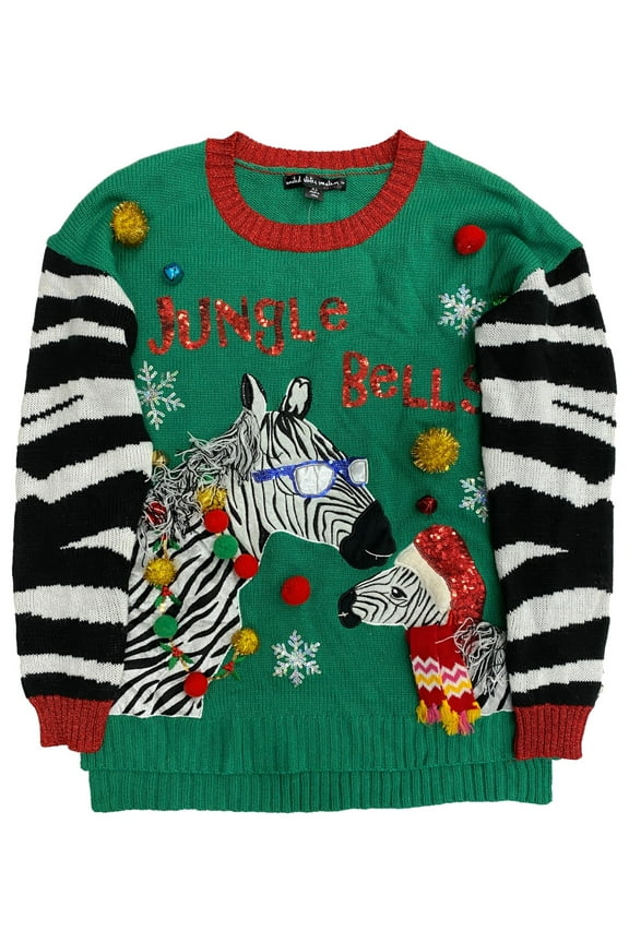 Womens Green Sequin Embellished Pom Zebra Christmas Holiday Sweater Medium