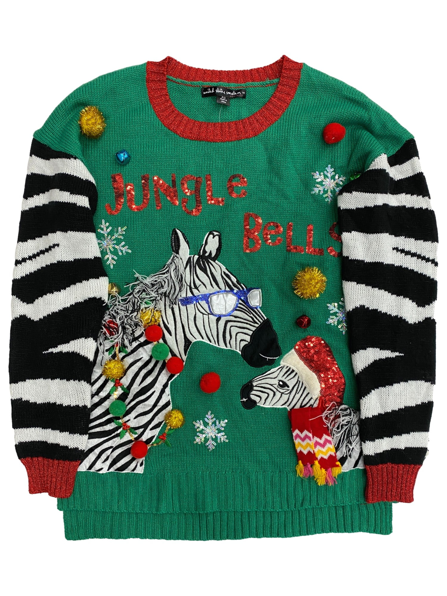 Womens Green Sequin Embellished Pom Zebra Christmas Holiday Sweater Medium