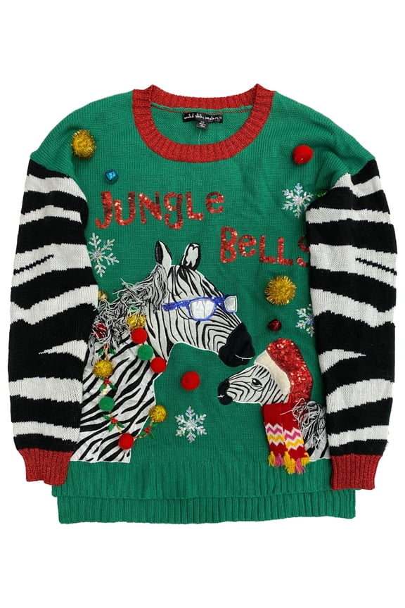 Womens Green Sequin Embellished Pom Zebra Christmas Holiday Sweater Small