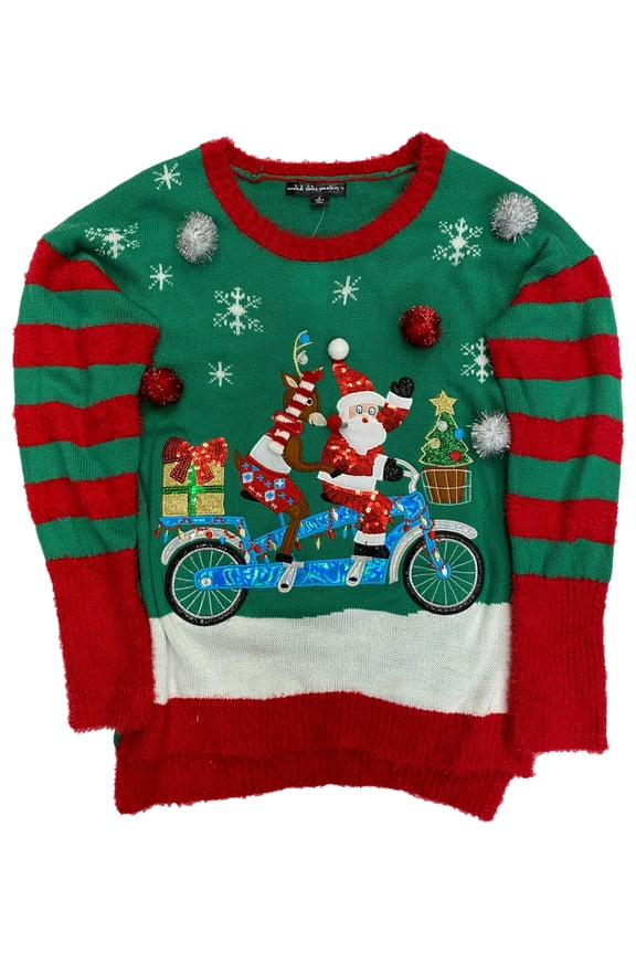 Womens Green Sequin Santa & Reindeer on Bike Christmas Holiday Sweater Large