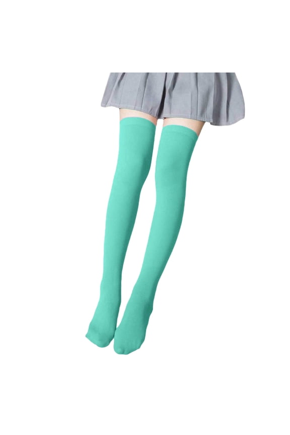 Womens Green Thigh High Socks Over the Knee, Stretchy Solid Color Socks with Non-Slip Cuff, Soft Nylon Spandex for Casual Wear & Cosplay,Size 7-10T