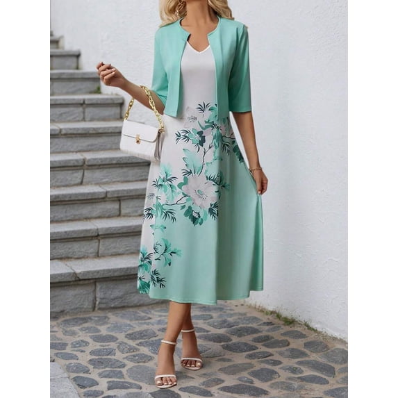 Womens Green Two-Piece Set: Half-Sleeve Jacket & Floral Print Midi Dress