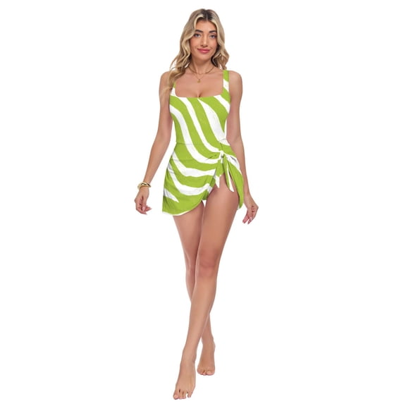 Womens Green Zebra Pattern Print 2-in-1 Swim Dress Detachable Skirt One-Piece Swimsuit Square Neck S-XXL