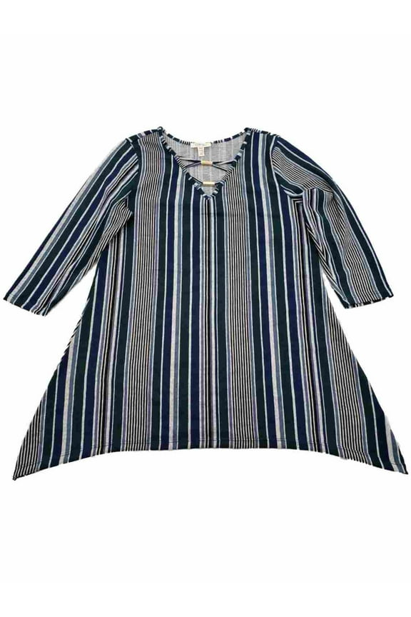 Womens Green and Navy Blue Striped Embellished Neckline Shirt T-Shirt Top M